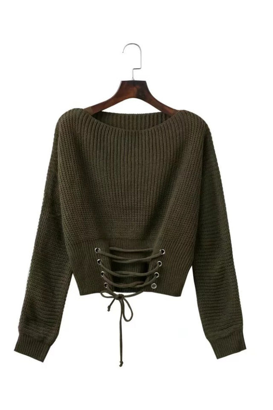 Damen Strickpullover mit ausgefallenem Rückenschnürdesign und weitem Schnitt R&B
