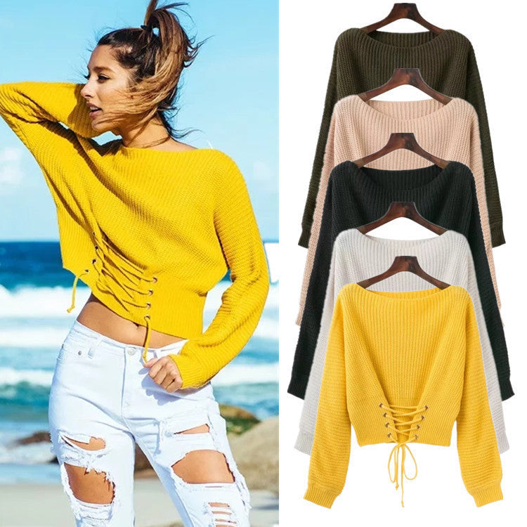 Damen Strickpullover mit ausgefallenem Rückenschnürdesign und weitem Schnitt