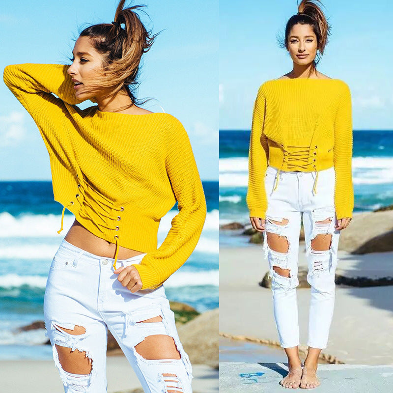 Damen cropped Strickpullover mit trendiger Schnürung