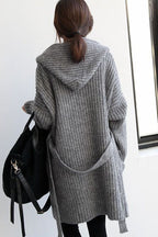 Damen Grober Strickmantel mit Kapuze und offenem Schnitt