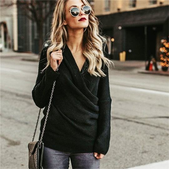 Damen Strickpullover mit Off-Shoulder-Design und eleganter Wickeloptik R&B