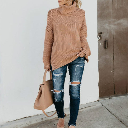 Damen Grobstrickpullover mit hohem Kragen und modischen Details R&B