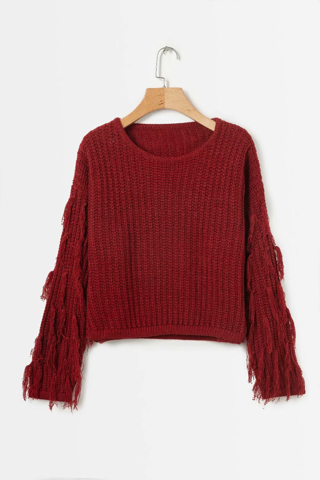 Damen Grobstrickpullover mit fransigen Ärmeln und lässigem Schnitt