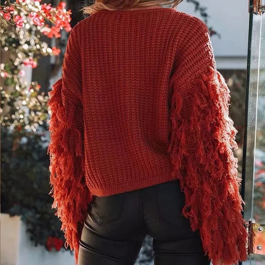 Damen Grobstrickpullover mit modischen Fransenärmeln R&B