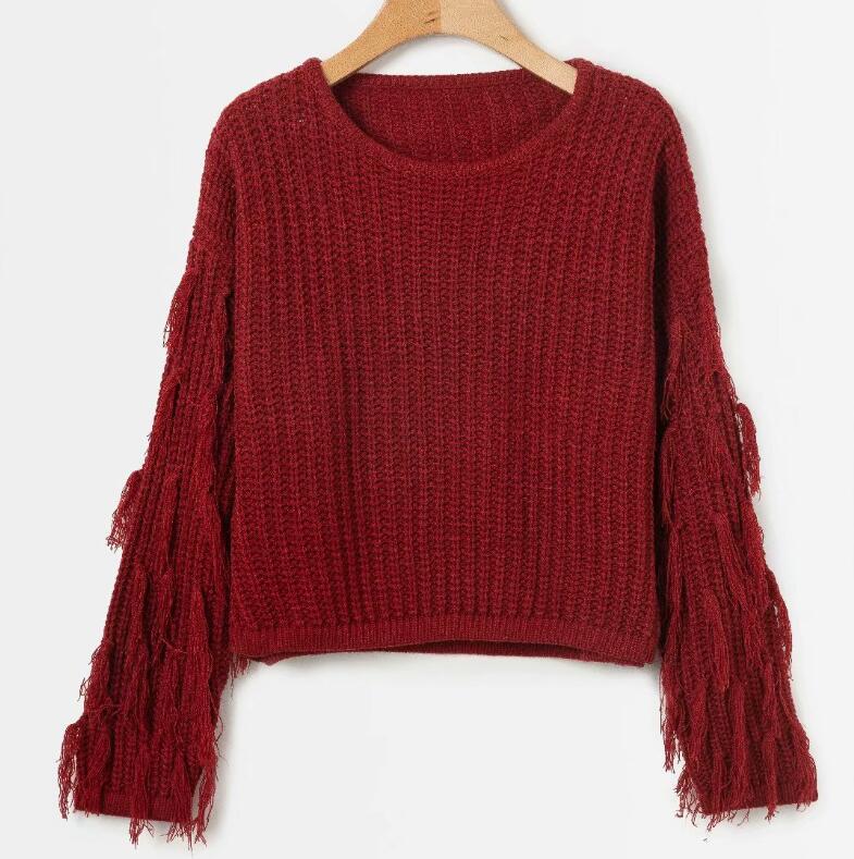 Damen Grobstrickpullover mit fransigen Ärmeln und lockerem Schnitt