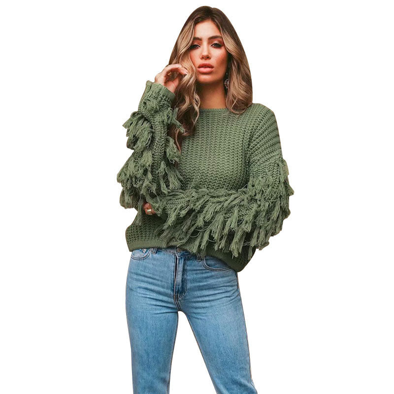 Damen Strickpullover mit fransigen Ärmeln und einzigartigem Strukturdesign R&B