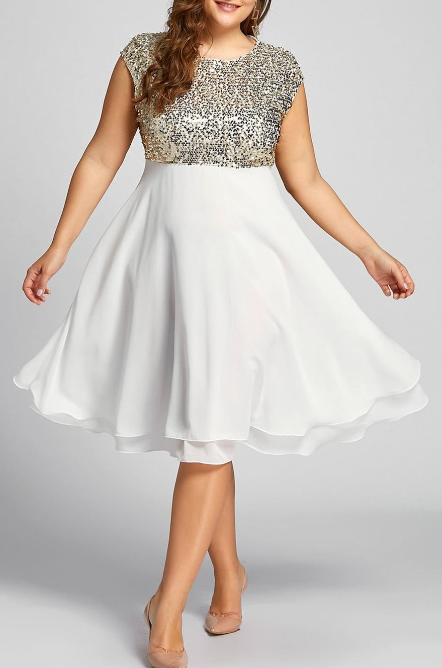 Damen Elegantes Cocktailkleid mit schimmerndem Oberteil und schwingendem Rock R&B