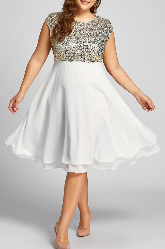 Damen Elegantes Cocktailkleid mit schimmerndem Oberteil und schwingendem Rock R&B