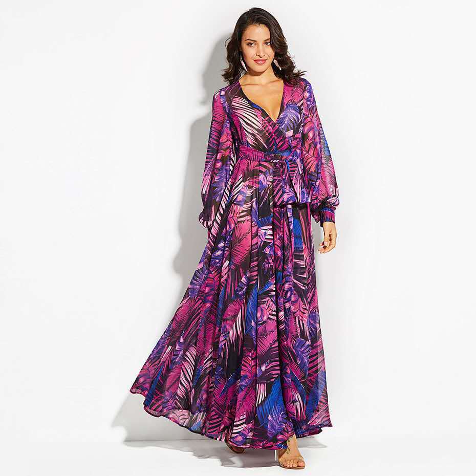 Damen Maxi-Kleid mit floralem Print und voluminösen Ärmeln R&B