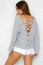 Damen lässiger Strickpullover mit dekorativem Rückenausschnitt und Kordelzug