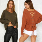 Damen lässiger Strickpullover mit dekorativem Rückenausschnitt und Kordelzug