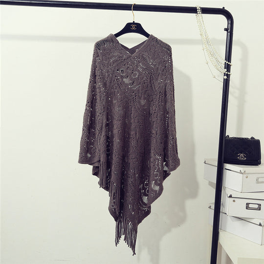 Damen Strickponcho mit fransigen Details und luftiger Lochstruktur R&B