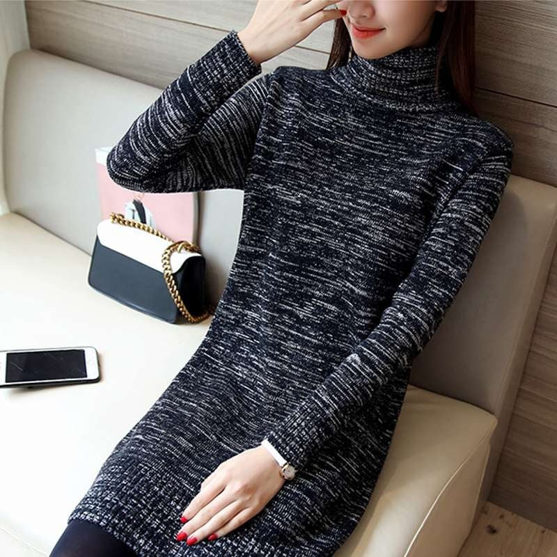 Damen Strickkleid mit hohem Rollkragen und gerippten Details
