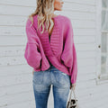 Damen lässiger Strickpullover mit tiefem V-Ausschnitt und ballonen Ärmeln