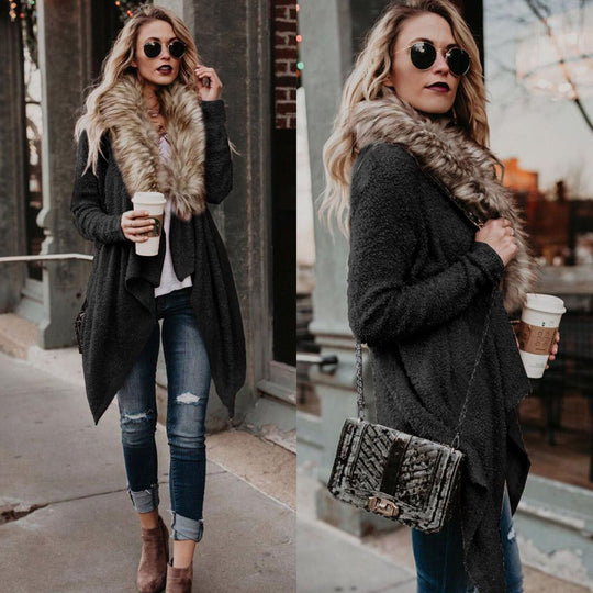 Damen Strickjacke mit kuscheligem Kragen und asymmetrischem Schnitt R&B