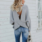 Damen lässiger Strickpullover mit tiefem V-Ausschnitt und ballonen Ärmeln