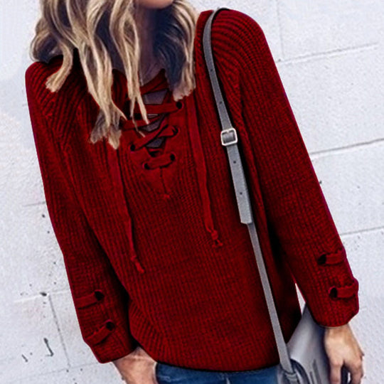 Damen Strickpullover mit Kordelzug und 3/4-Ärmeln R&B