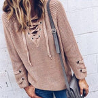 Damen Strickpullover mit Kordelzug und 3/4-Ärmeln