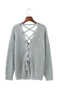 Damen Strickpullover mit verziertem V-Ausschnitt und Kordelzug