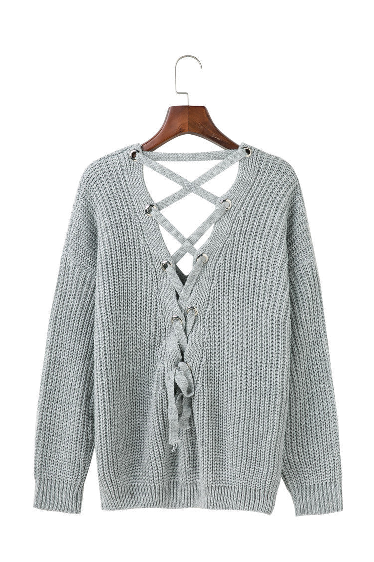 Damen Strickpullover mit verziertem V-Ausschnitt und Kordelzug