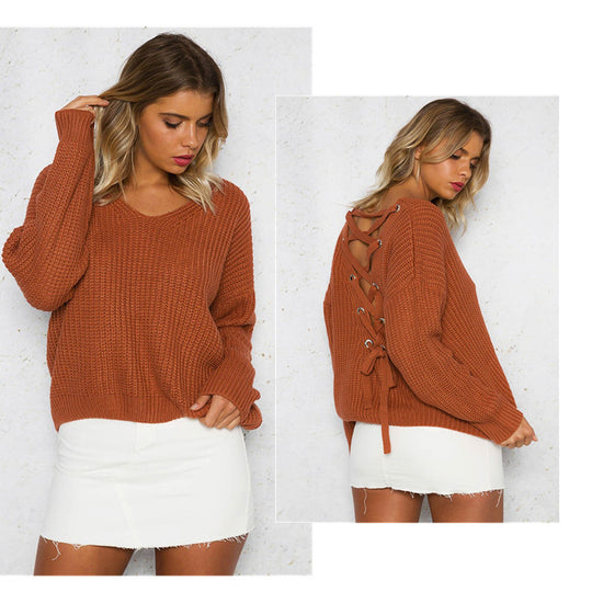 Damen Strickpullover mit verziertem V-Ausschnitt und Kordelzug R&B