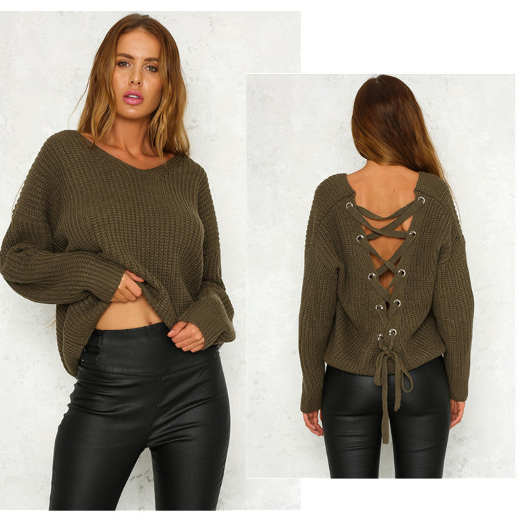 Damen Strickpullover mit verziertem V-Ausschnitt und Kordelzug R&B