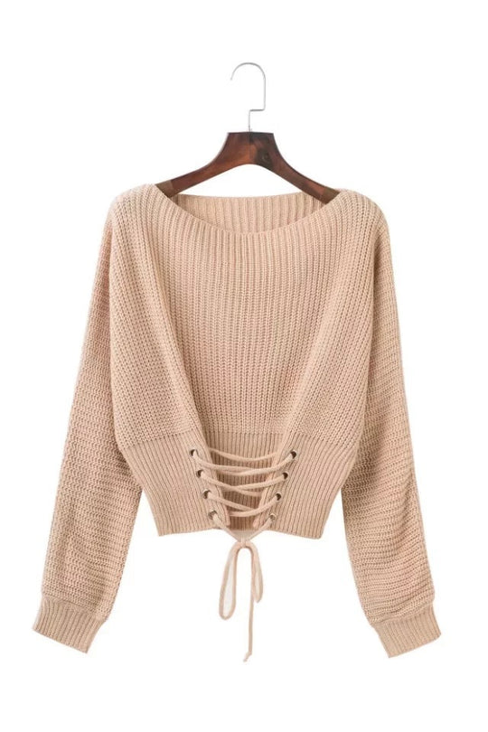 Damen Strickpullover mit ausgefallenem Rückenschnürdesign und weitem Schnitt R&B