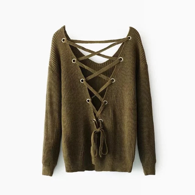 Damen Strickpullover mit tiefem V-Ausschnitt und dekorativem Rückendesign R&B