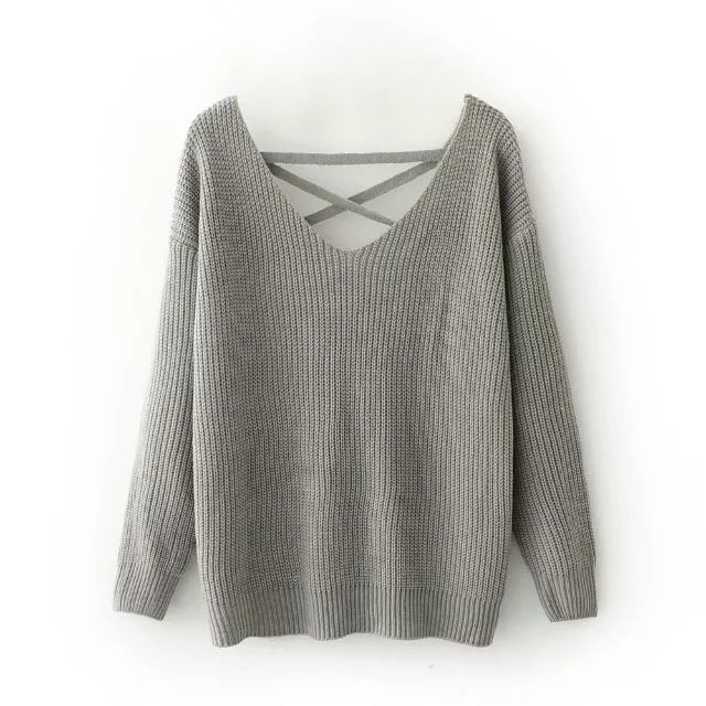 Damen Strickpullover mit tiefem V-Ausschnitt und dekorativem Rückendesign