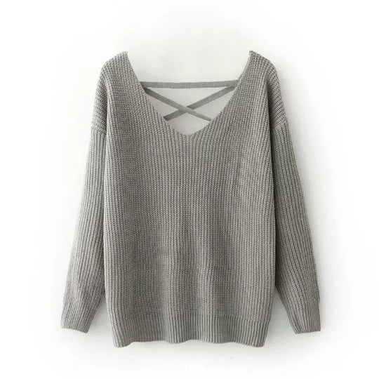 Damen Strickpullover mit tiefem V-Ausschnitt und dekorativem Rückendesign R&B