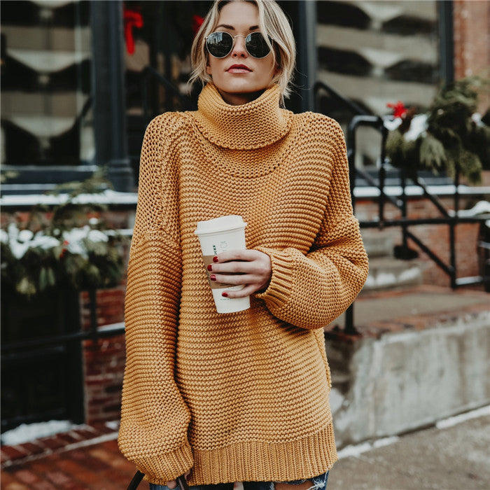 Damen Oversized Strickpullover mit hohem Kragen