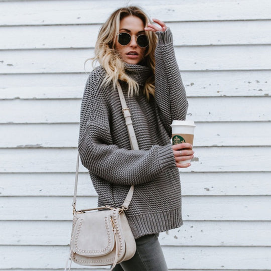 Damen Oversized Strickpullover mit hohem Kragen R&B