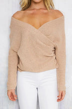 Damen Strickpullover mit Off-Shoulder-Design und eleganter Wickeloptik