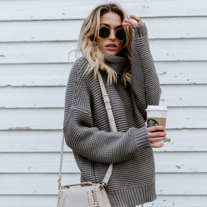 Damen Grobstrickpullover mit hohem Kragen und lässiger Passform R&B