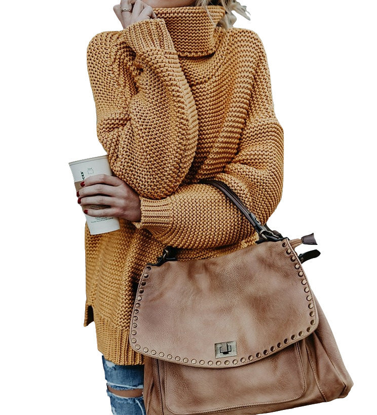 Damen Grobstrickpullover mit hohem Kragen und modischen Details