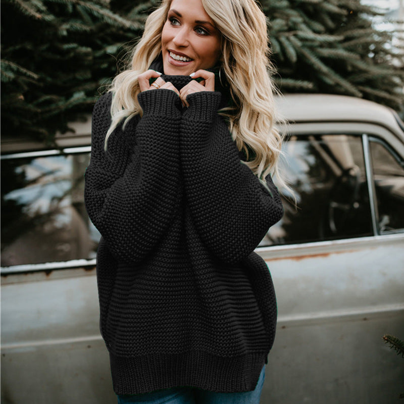 Damen Grobstrickpullover mit hohem Rollkragen und weiten Ärmeln R&B