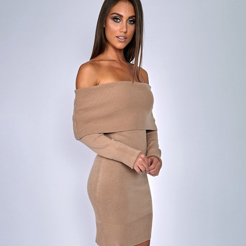 Damen Off-Shoulder Strickkleid mit langen Ärmeln R&B