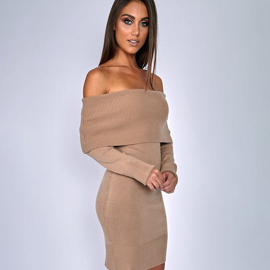 Damen Off-Shoulder Strickkleid mit langen Ärmeln R&B
