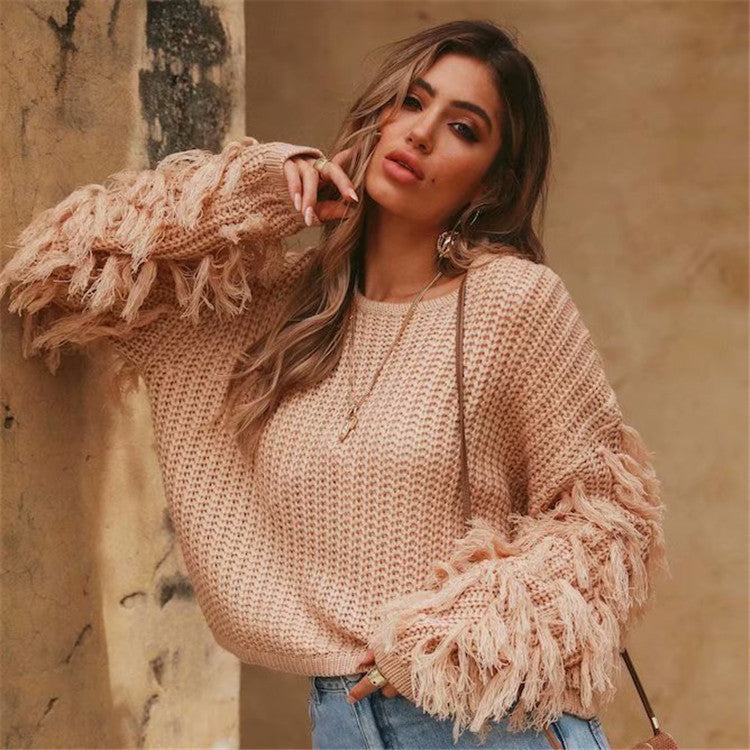 Damen Grobstrickpullover mit fransigen Ärmeln und lässigem Schnitt
