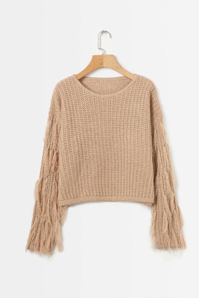 Damen trendiger Strickpullover mit ausgefallenen Fransenärmeln