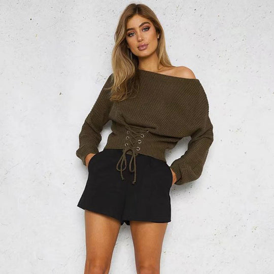 Damen Strickpullover mit vorderem Schnürdesign und modernem Schnitt R&B