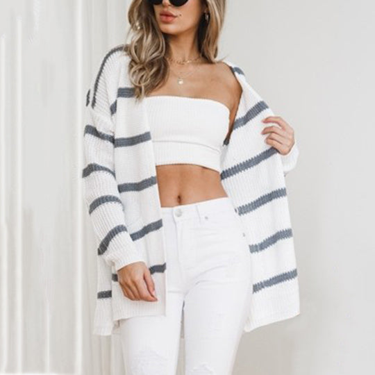 Damen Strickcardigan mit lässigem Streifendesign und offenen Fronten R&B