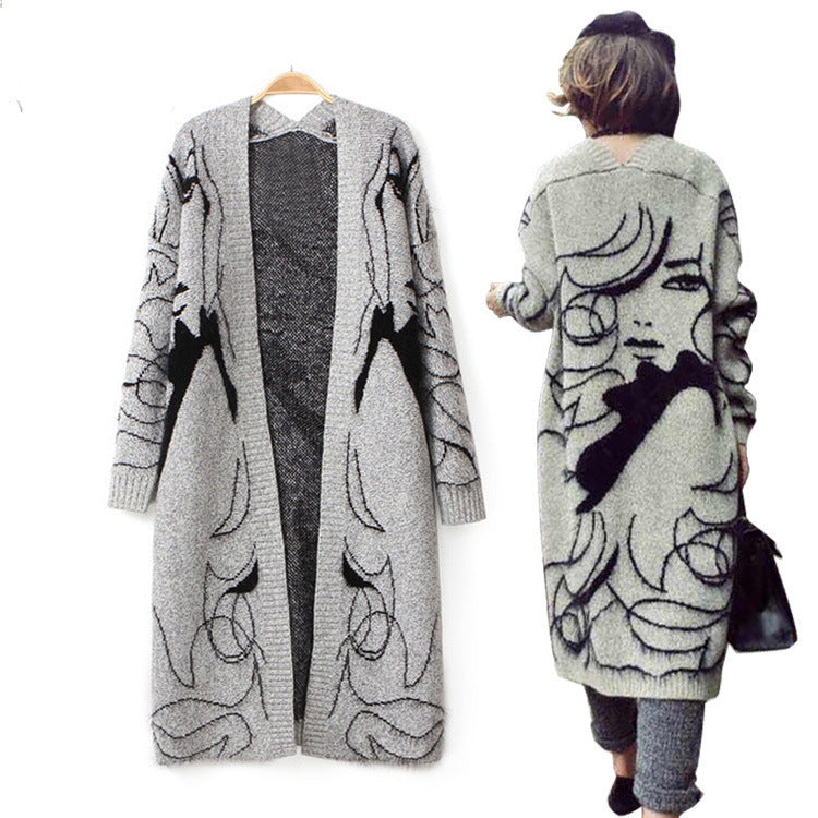 Damen Strickmantel mit künstlerischem Motiv und offener Front