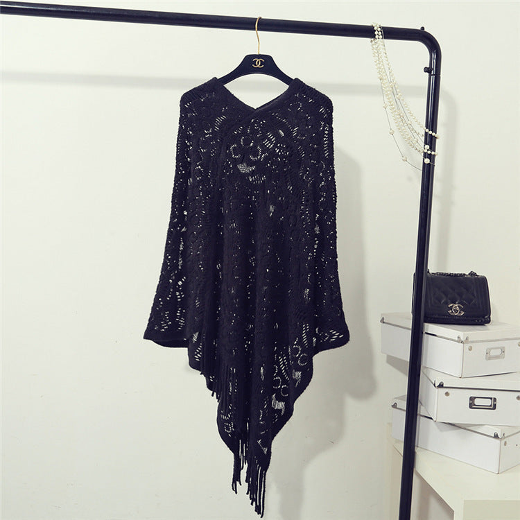 Damen Strickponcho mit fransigen Details und luftiger Lochstruktur R&B