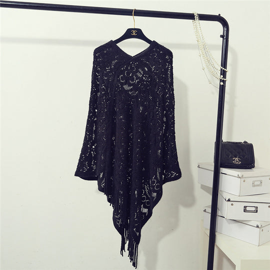 Damen Strickponcho mit fransigen Details und luftiger Lochstruktur R&B