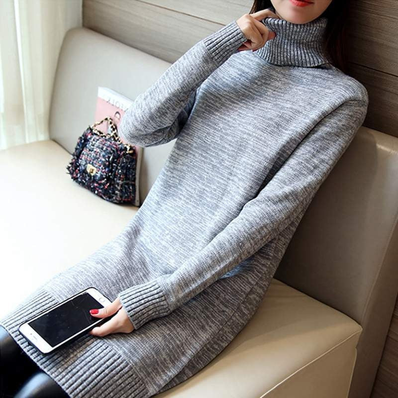 Damen Strickkleid mit hohem Rollkragen und gerippten Details