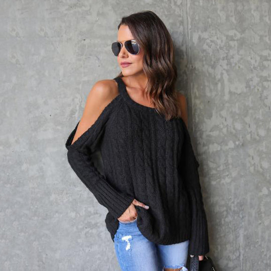 Damen Strickpullover mit off-shoulder Design und detaillierter Zopfstruktur R&B