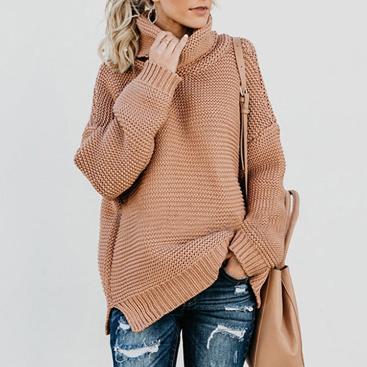 Damen Grobstrickpullover mit hohem Kragen und lässigem Schnitt R&B