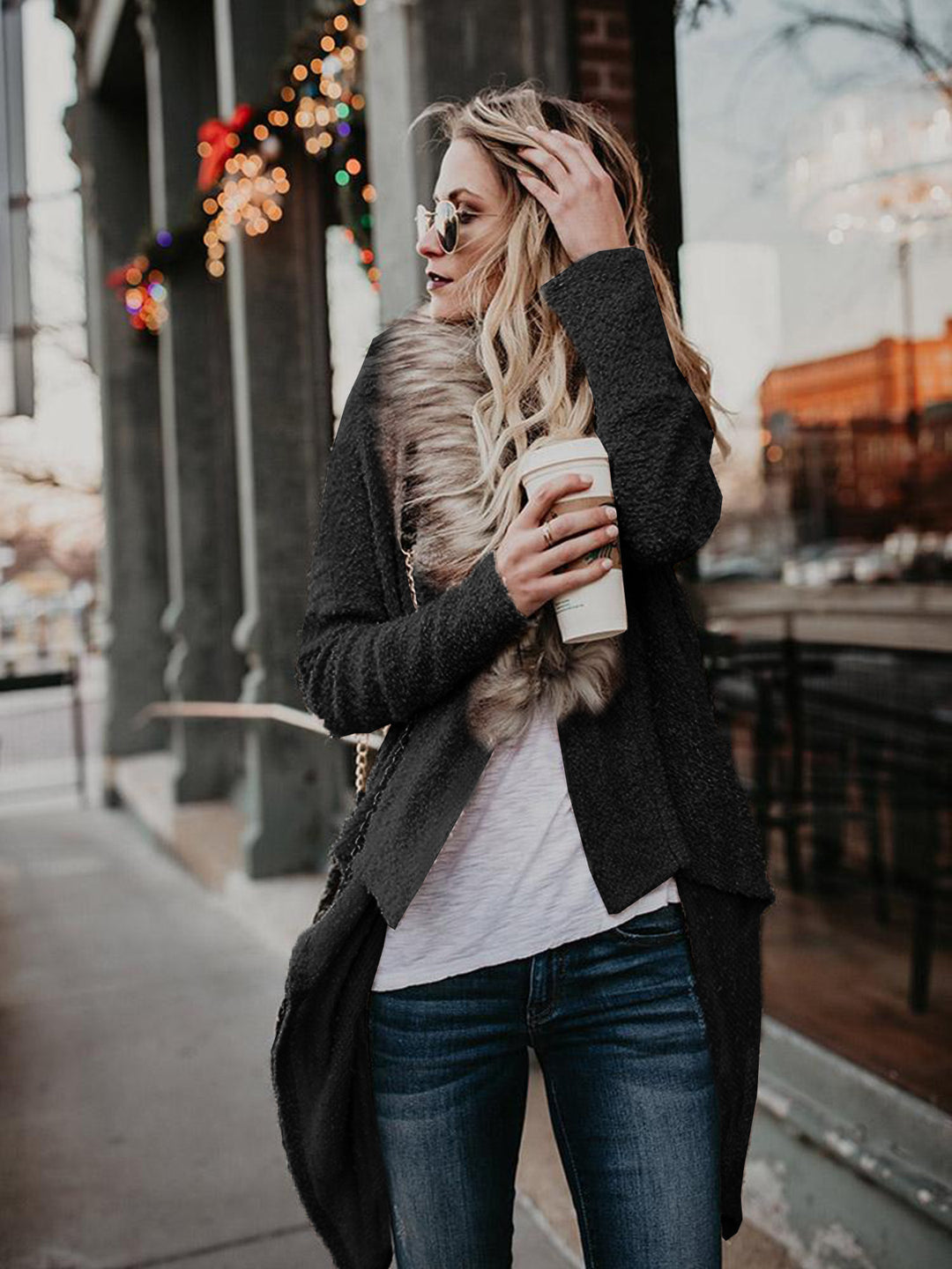 Damen weiche Strickjacke mit luxuriösem Kunstfellkragen und asymmetrischem Schnitt R&B