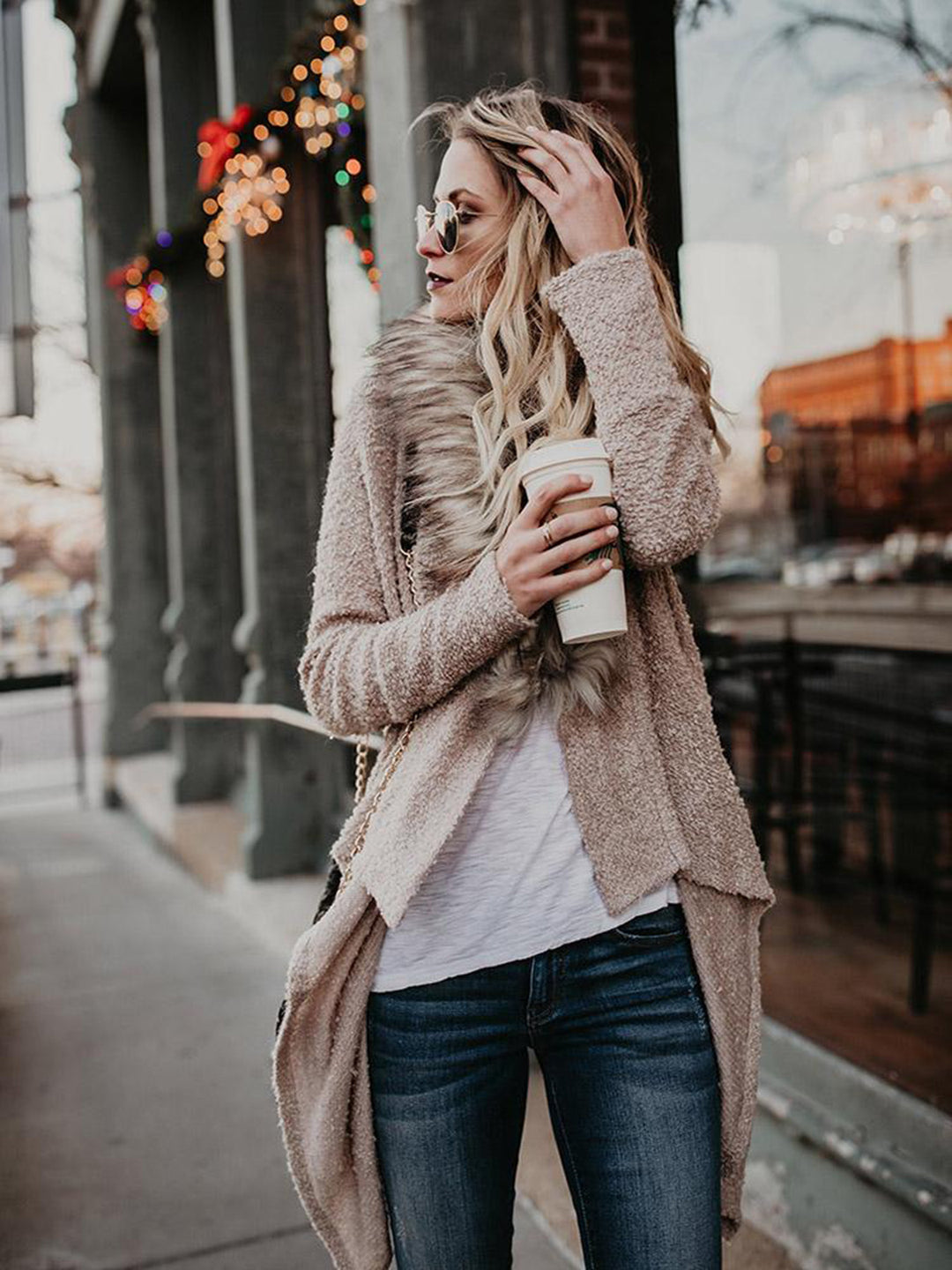 Damen weiche Strickjacke mit luxuriösem Kunstfellkragen und asymmetrischem Schnitt R&B